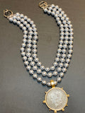 Kenneth Jay Lane Hand Knotted Silver Pearls and 1885 E Pluribus Unum Coin