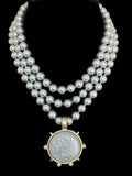 Kenneth Jay Lane Triple Strand Pearls with a 1885 E. Pluribus. Unum. Coin