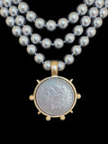 Kenneth Jay Lane Triple Strand Pearls with a 1885 E. Pluribus. Unum. Coin