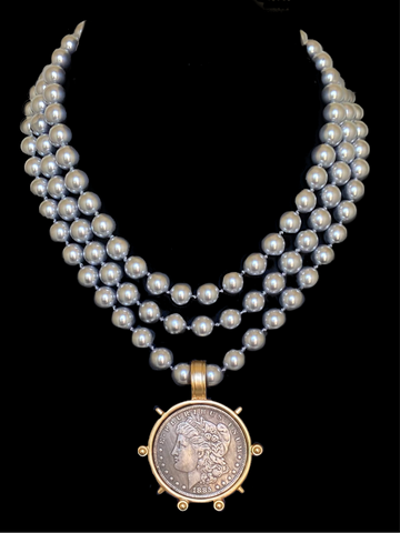 Kenneth Jay Lane Hand Knotted Silver Pearls and 1885 E Pluribus Unum Coin
