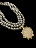 Kenneth Jay Lane Triple Strand Pearls with a 1885 E. Pluribus. Unum. Coin