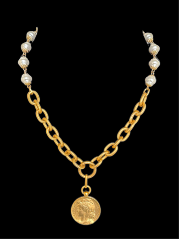 Rosary Bead & Chain Coin Necklace